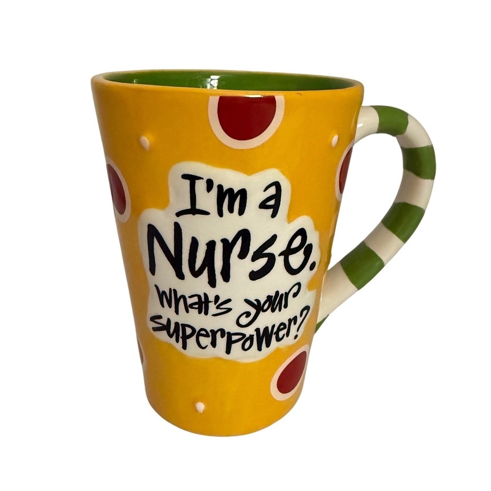 Joanne Sharpe Burton and Burton Nurse Superhero Mug Yellow Polka Dot Green Lined